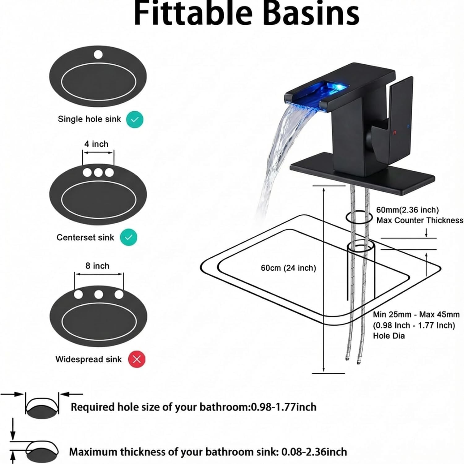 LED Bathroom Sink Faucet, Matte Black Waterfall Single Hole Handle Vanity Faucets for Sinks 1 Hole with Metal Pop Up Drain and 2 Water Supply Lines, Side Handle