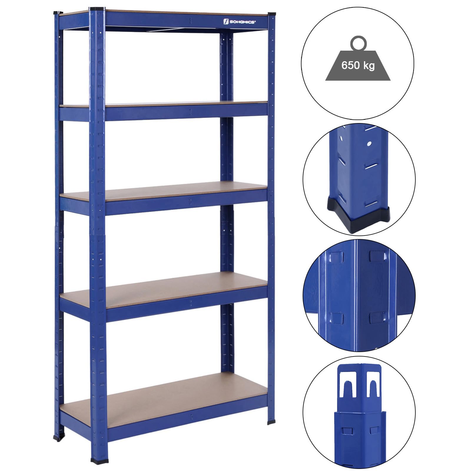 SONGMICS Półka ciężka ze stalową ramą, 5 regulowanych półek, 650 kg | Półka piwniczna do przechowywania, 30 x 75 x 150 cm, błękit, Kolekcja COZORY GLR30Q