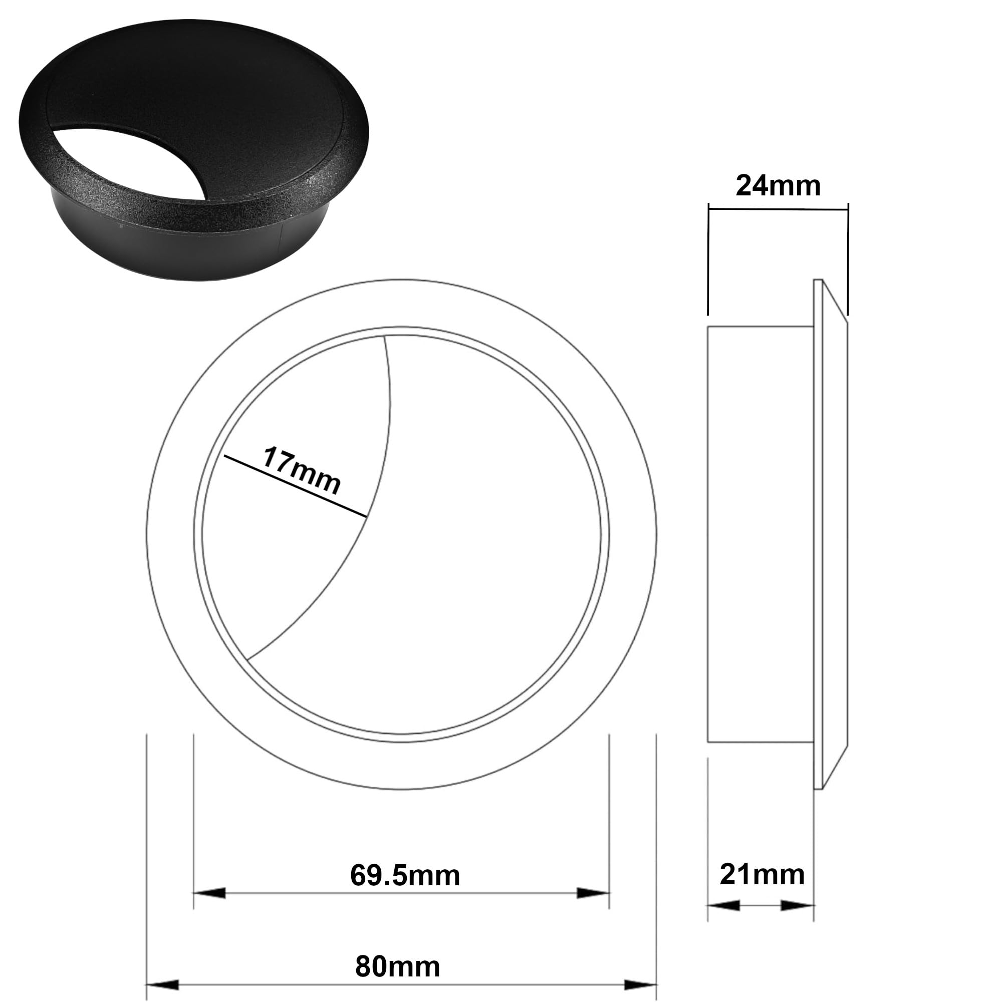 Passacavo Per Scrivania - 2 Pezzi, Nero, Diametro 70mm, Per Gestione Cavi Elettrici - Foto 2