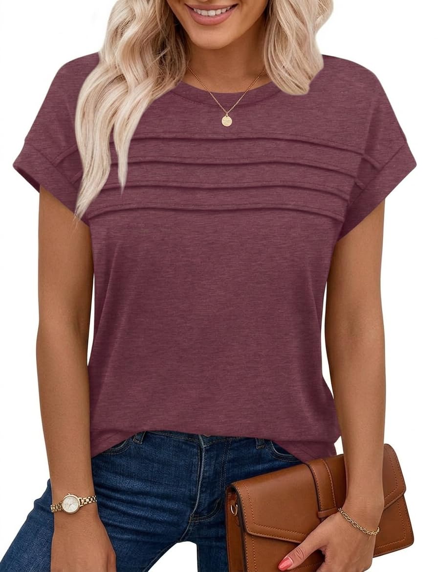 Chicrise Vest Tops Women UK Summer Pleated Cap Sleeve Tank Top Crew Neck Sleeveless Basic Casual T Shirt Wine Red Small 8-10