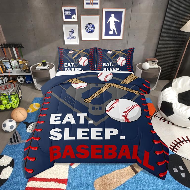 Baseball Full Size Comforter Sets For Boys Baseball Bedding Sports Gaming Comforter For Kids Blue Bedding Sets For Teen Bedroom Decor,Softball Quilt For Sports Fan Ball Game Bed Set,2 Pillow Cases