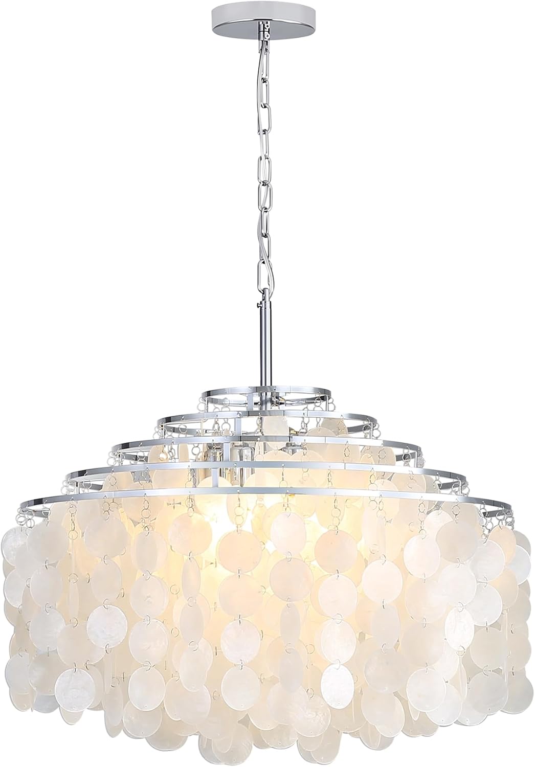 13.8" Natural Capiz Shell Chandelier 3 Light Mini Chandelier Boho Ceiling Light Entryway Light Fixture for Girls' Bedroom Hallway Living Room Dinning Room Brushed White Bulb Included