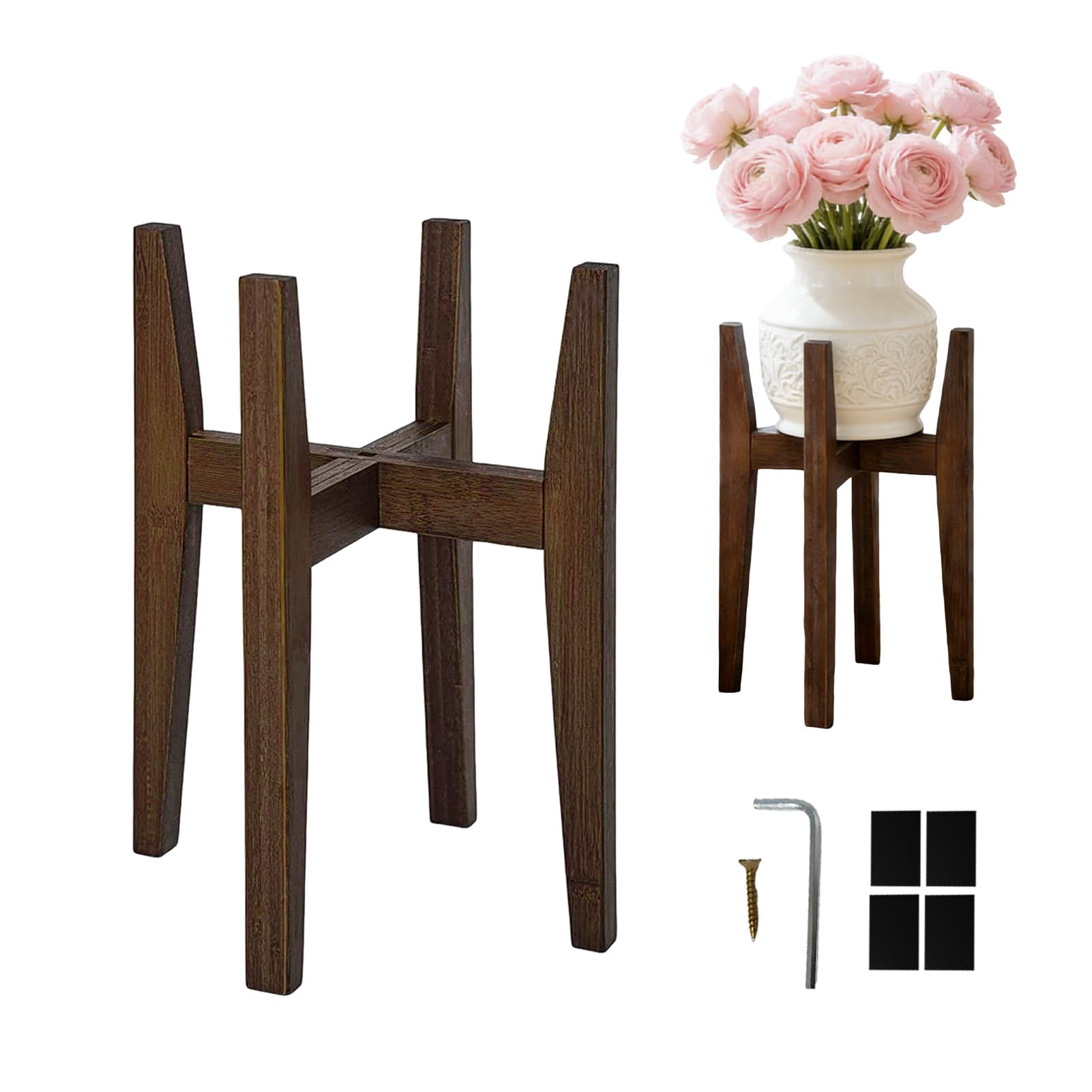 SIGONE Adjustable Plant Stand, Expands to 35cm, 13.8in Diameter, Indoor Outdoor Flower Pot Rack Fits 7-12 Inch Planters for Home Garden Decor, Natural Bamboo