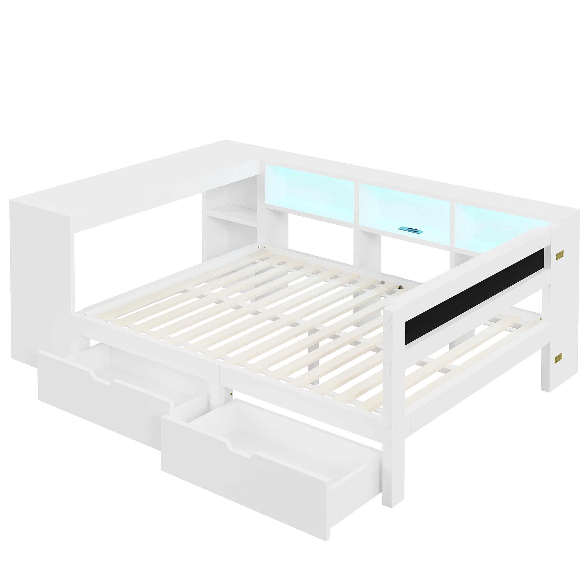 Tagesbett Doppelbett 140x200 cm mit LED Licht und USB, Schlafsofa Jugendbett Bett mit Stauraum und Schubladen, Holzbett Bettgestell mit Lattenrost und Schreibtisch, Weiß, Ohne Matratze