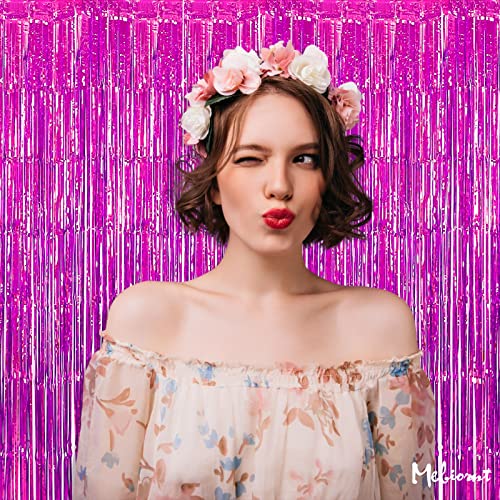 Image of 4 Pack Fuchsia Fringe Curtain Backdrop, 3.2Ft x 6.6Ft Metallic Tinsel Foil Fringe Streamers Curtains Background for Photo Booth Birthday Wedding Baby Shower Party Thanksgiving Christmas Decorations