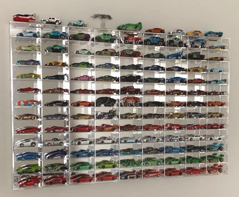 Hot 1/64 Scale Matchbox Wheels Display Case Diecast Model Cars Wall Cabinet Rack Showcase with 108 Compartment, Clear, UV Protect 21 X 32 X 2 inches