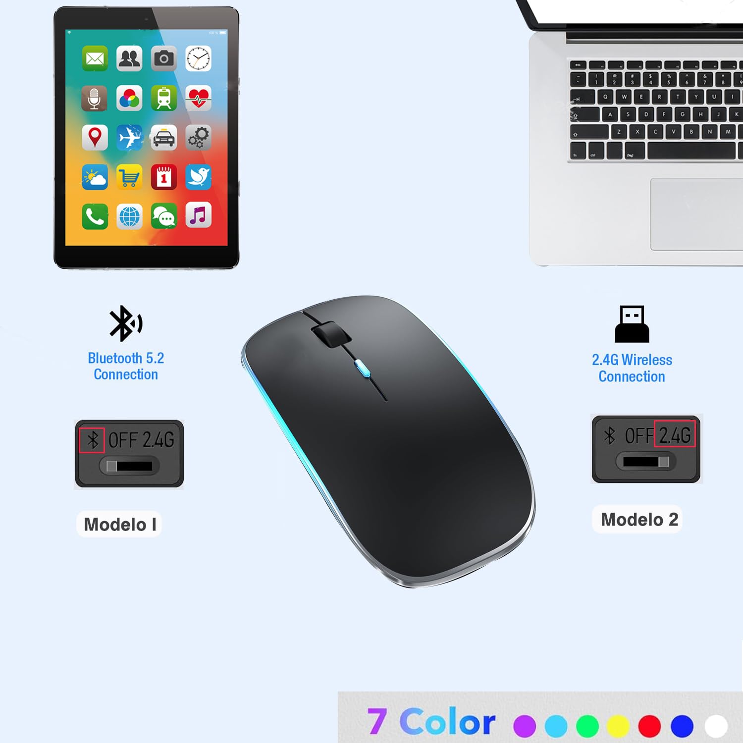 Retroiluminado Teclado y Ratón Inalámbrico Bluetooth, Teclado y Ratón Recargables Silenciosos y Portátiles para iPad Tablet/PC/iOS/Android/Windows, QWERTY Español Ñ, Retroiluminado