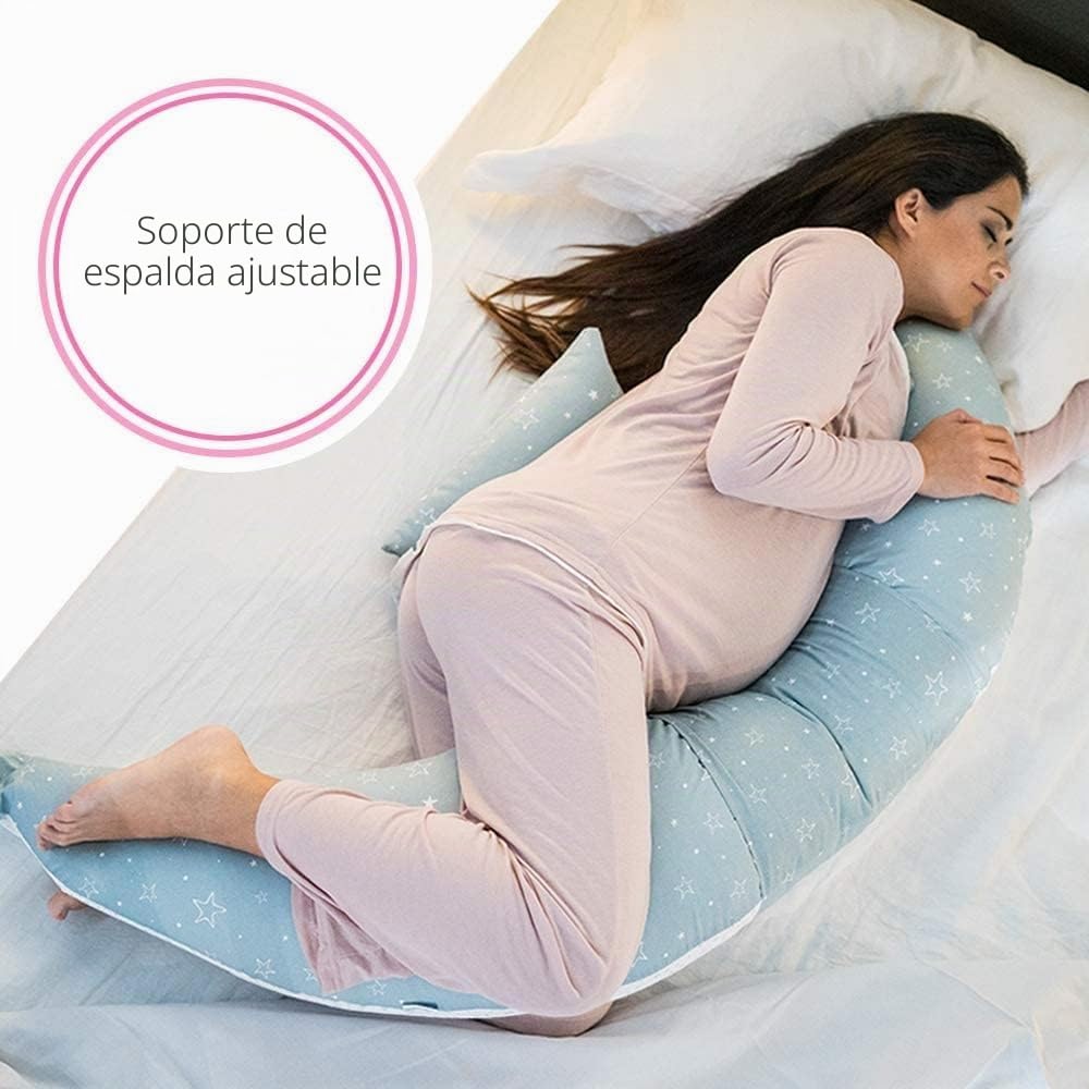 Nuvita 7100 DreamWizard Cojin Lactancia & Almohada Embarazo - 12 en 1 con Soporte Lumbar Ajustable - Funda 100% Algodon Desenfundable y Lavable - Con Microperlas (Grey Star)