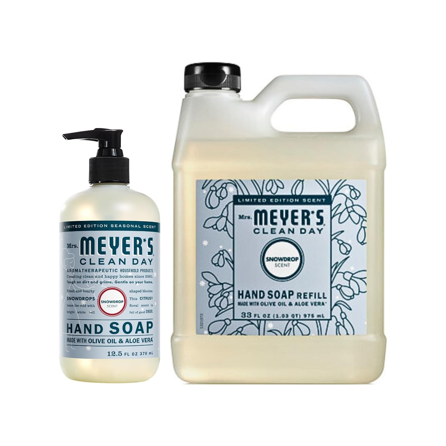 Mrs. MEYER'S Clean Day Liquid Hand Soap 12.5 OZ (2) & Refill 33 OZ, Snow Drop Scent, 1 CT (Variety Pack)