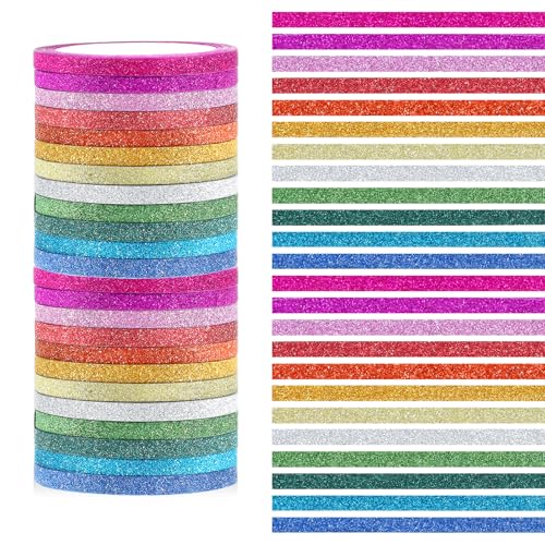 24 Rolls Glitter Washi Tape Slim 3mm Thin Colored Masking Tape Set Washi Tapes Set Skinny Thin Decorative Colored Washis Craft Tapes Metallic Foil Glitter Decorative CraftTape for Journal DIY