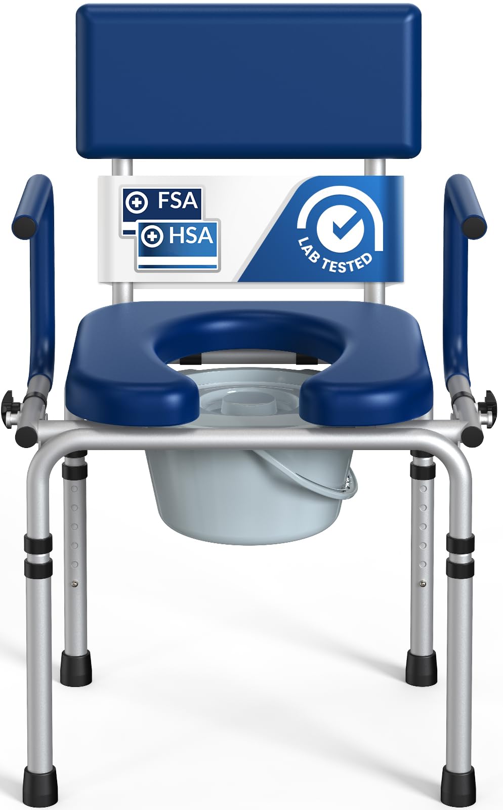 M73 Drop Arm Bedside Commodes for Seniors, Potty Chair for Adults | Portable Commode Toilet with Padded Seat and Backrest, 400lbs Capacity, Height Adjustable, 6.3QT Bucket & Splash Guard, Blue Recycled Claim Standard Blended