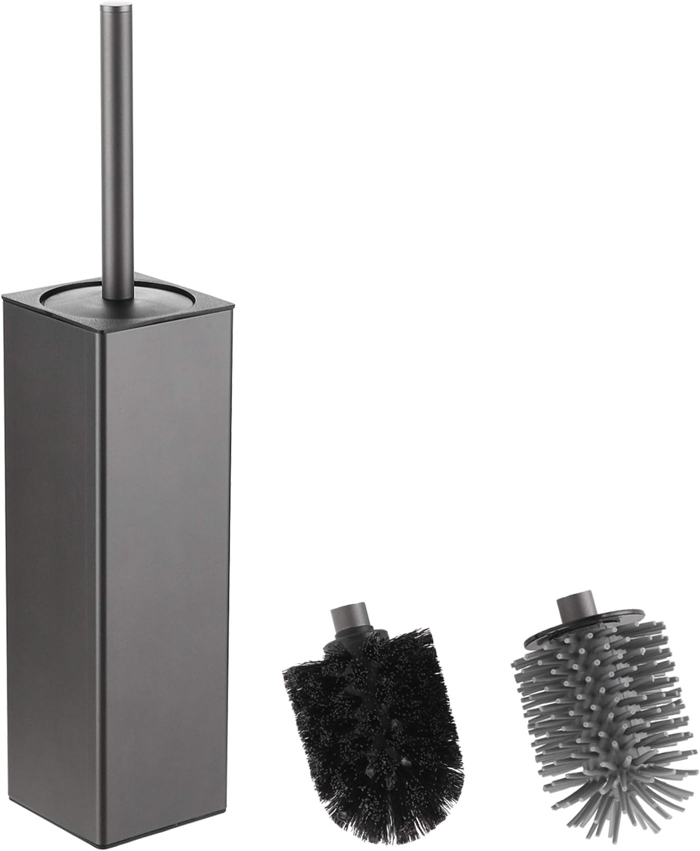 BGL Toilet Brush and Holder, Silicone Toilet Brush Holder 2 Brush Head, Aluminum Square Loo Brush for Bathroom Cleaning, Toilet Brushes (Grey)