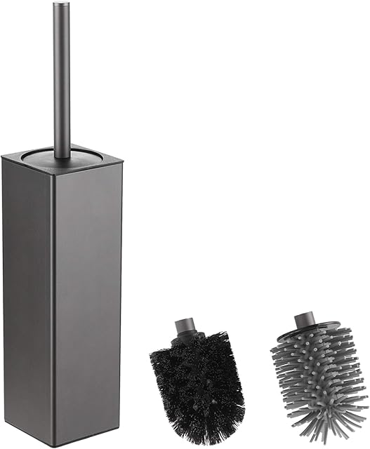 BGL Toilet Brush and Holder, Silicone Toilet Brush Holder 2 Brush Head, Aluminum Square Loo Brush for Bathroom Cleaning, Toilet Brushes (Grey)