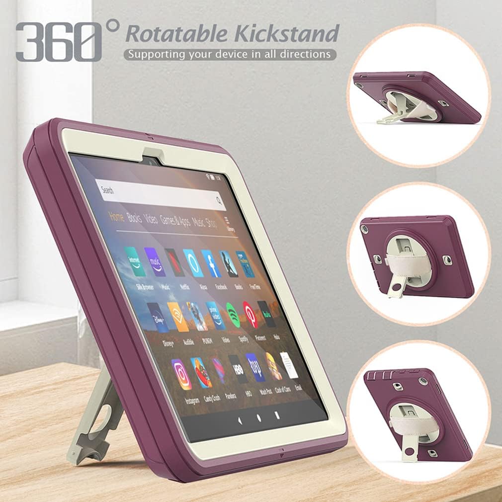 Tablet Case for New Kindle Fire HD 8/8 Plus Children's Ebook Cover with Carrying Strap 360° Swivel Stand