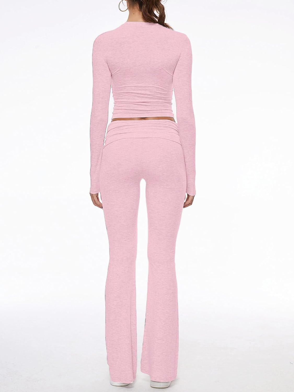 AnotherChill Women's 2 Piece Lounge Sets Fold-over Flare Pants Set Long Sleeve Cropped Top Casual Outfits Pajamas - Image 3