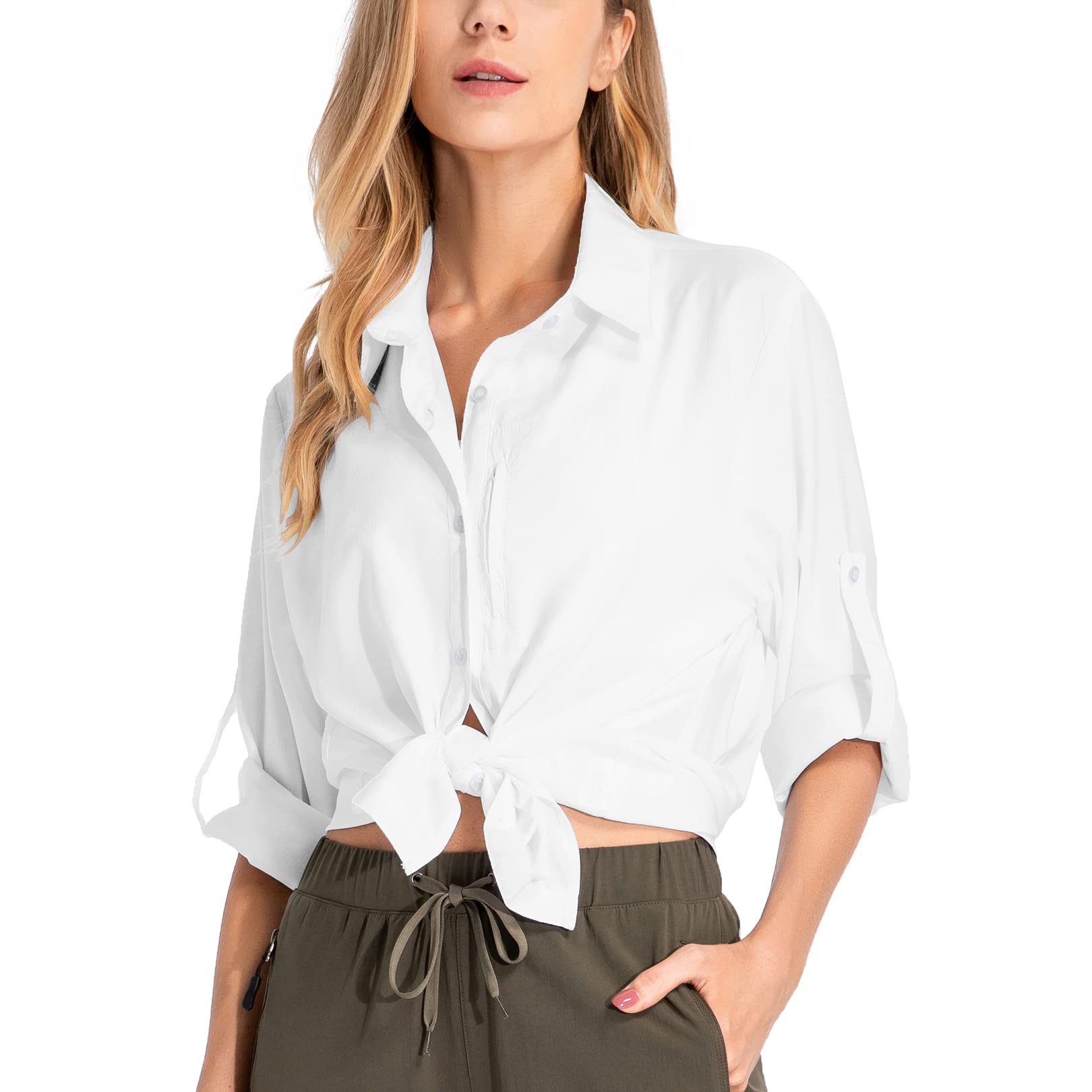 yeyity Blusa de manga larga para mujer, con protección UV, de secado rápido, para senderismo, safari, informal, con botones, para vacaciones en la playa, elegante blusa