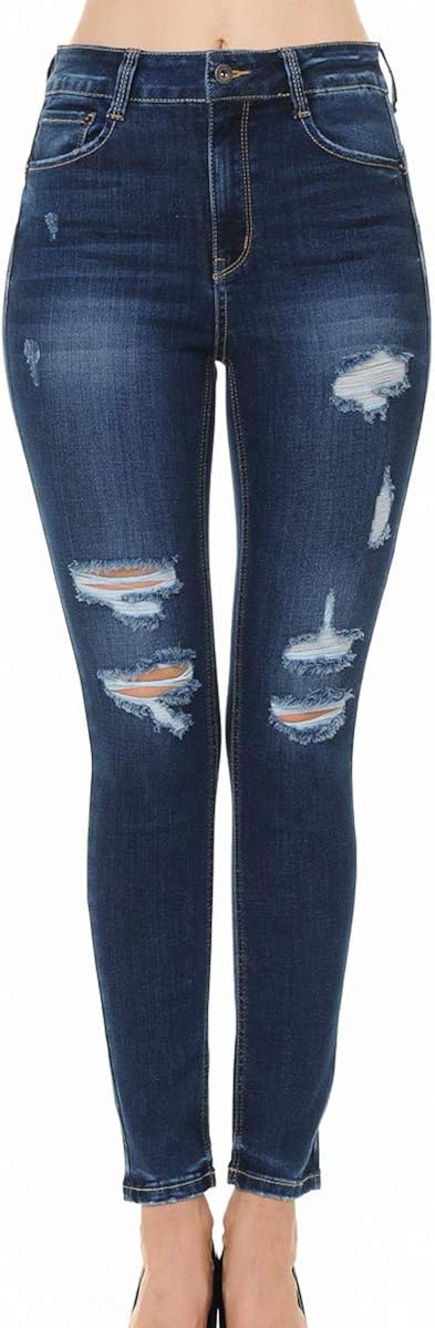Wax Jean Women's 'Butt I Love You' Push-Up Destructed Ripped Skinny Jean in Fine Cotton Denim, Dark Denim, 1
