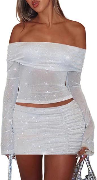Womens Sexy Two Piece Outfits Mesh Off Shoulder Y2K Going Out Crop Top Bodycon Skirt Sets Long Sleeve Ruched Mini Dress