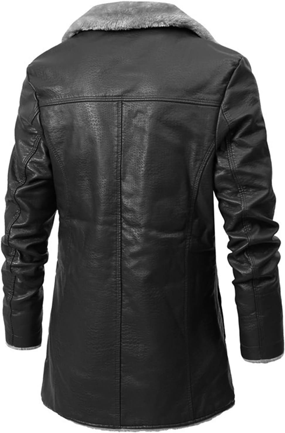 Men's Faux Leather Long Jackets Lapel Collar Warm Button Leather Coat Men Sherpa Lined Biker Mid-Length Jacket