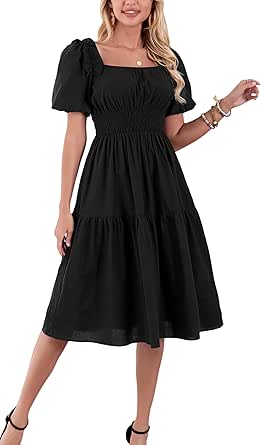 Holipick Women's Boho Square Neck Smocked Long Puff Sleeve A