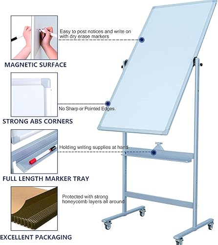 Miniatura 4 de Pizarra blanca móvil magnética de 48 x 24 pulgadas, pizarra blanca reversible de 360 de dos caras con ruedas, caballete portátil de borrado en seco