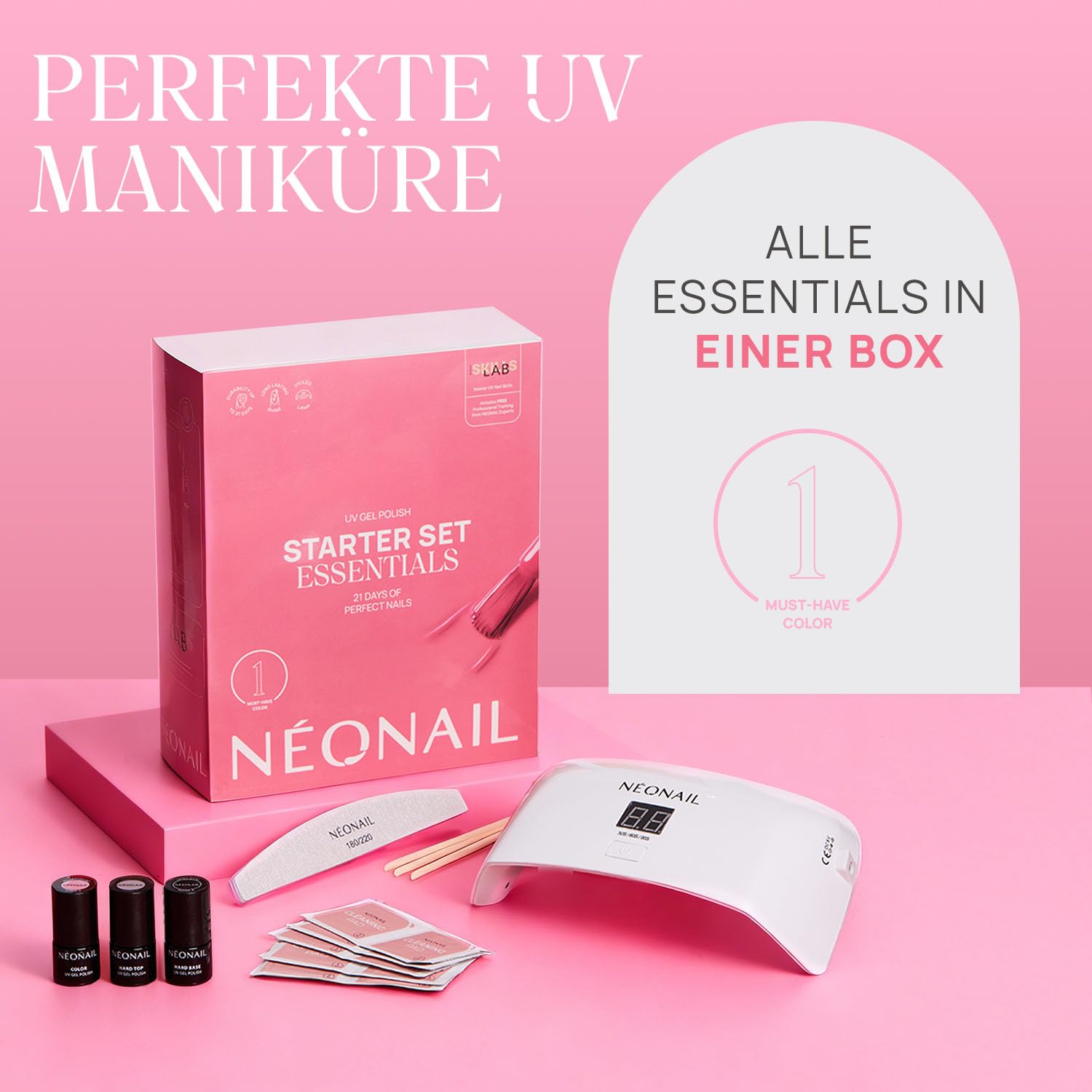 NÉONAIL Essentials Starter Set - LED UV Lampe 10W/36 - UV Nagellack - Maniküre Set - Top - Starterset mit Lampe - Sets - Nagellack Set - Farben - Base - Manicure - Nagelset