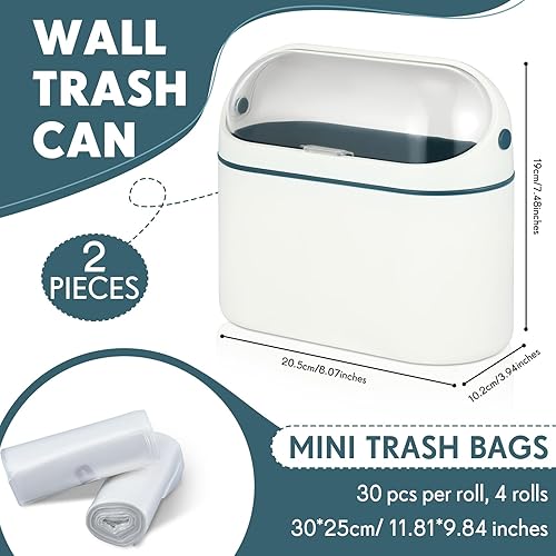 Miniatura 2 de Bokon 2 mini botes de basura con tapa extraíble para montar en la pared, mini cubo de basura con 4 rollos de bolsas de basura gruesas para