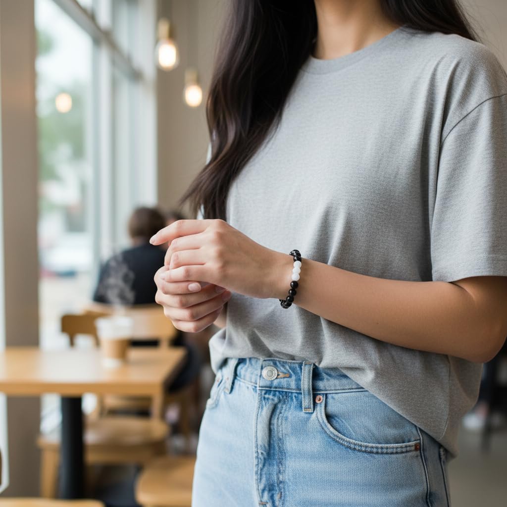 Karelian Heritage Black Shungite and White Agate Beaded Bracelet, 8mm Handmade Stretchy Unisex, Crystal Healing Authentic Stone, Spiritual Chakra Balance Jewelry BO21 - Image 4