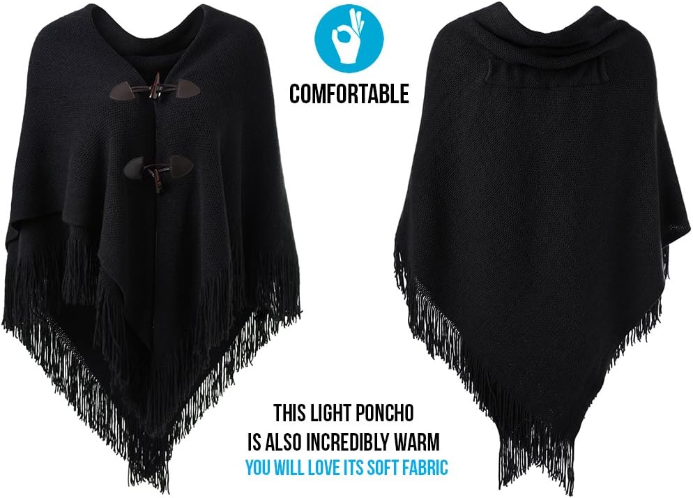 Ferand Women’s Loose Fitting Poncho Cape Shawl with Stylish Horn Buttons, V Neckline and V Hem - Image 4