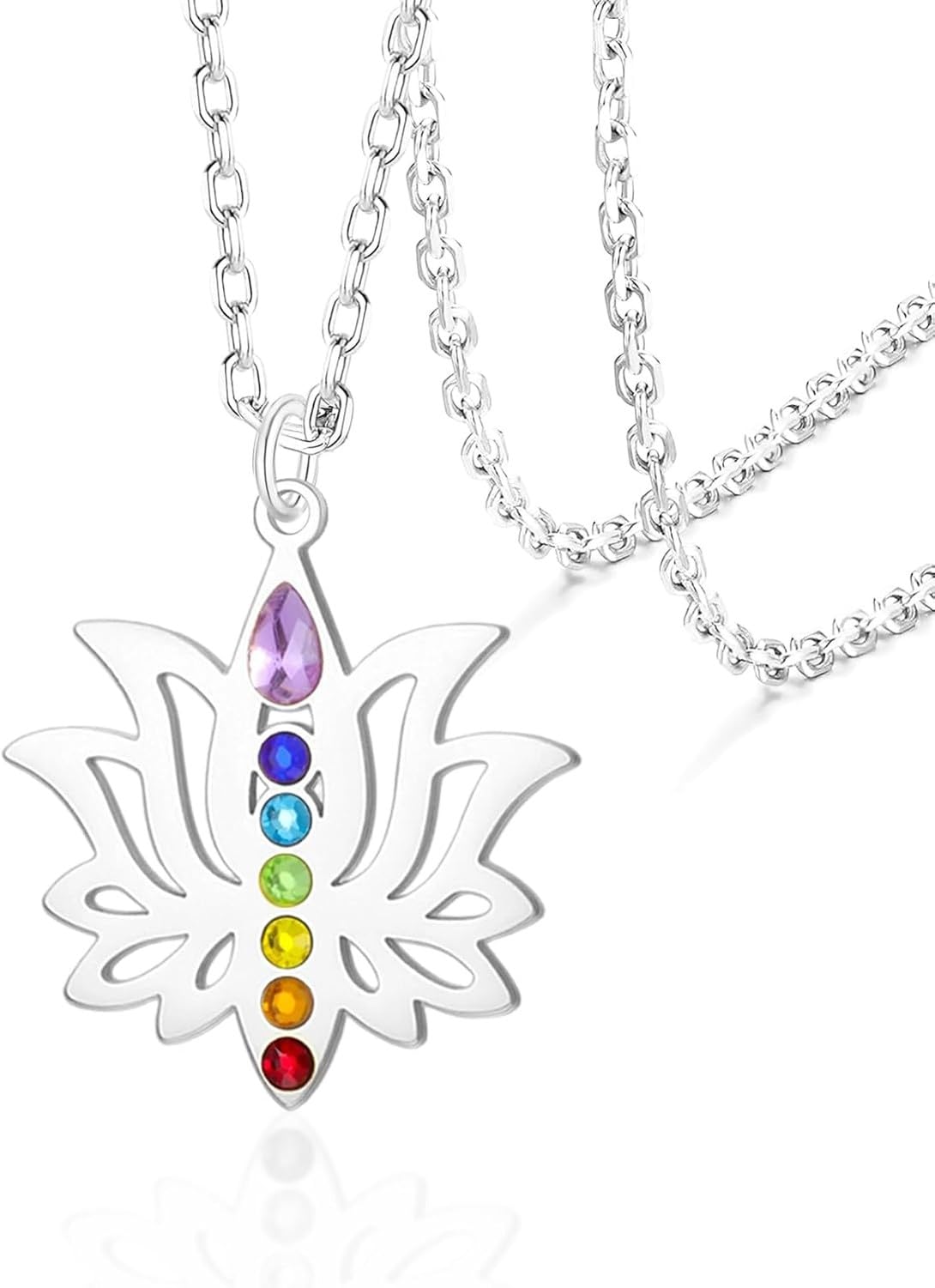 HUGGWRT Lotus Flower Chakra Necklace for Women 7 Chakras Pendant with OM Symbol Buddha Amulet Spiritual Healing Jewelry Yoga Meditation Gift, Silver