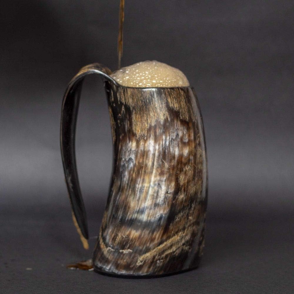 Genuine 25 oz. Large 6 inches Viking Beer Mug with Handles Mead Handmade Valhalla Drinking Cup Horn Mugs Game of Thrones tankard Stand Smell Proof for Guys Men