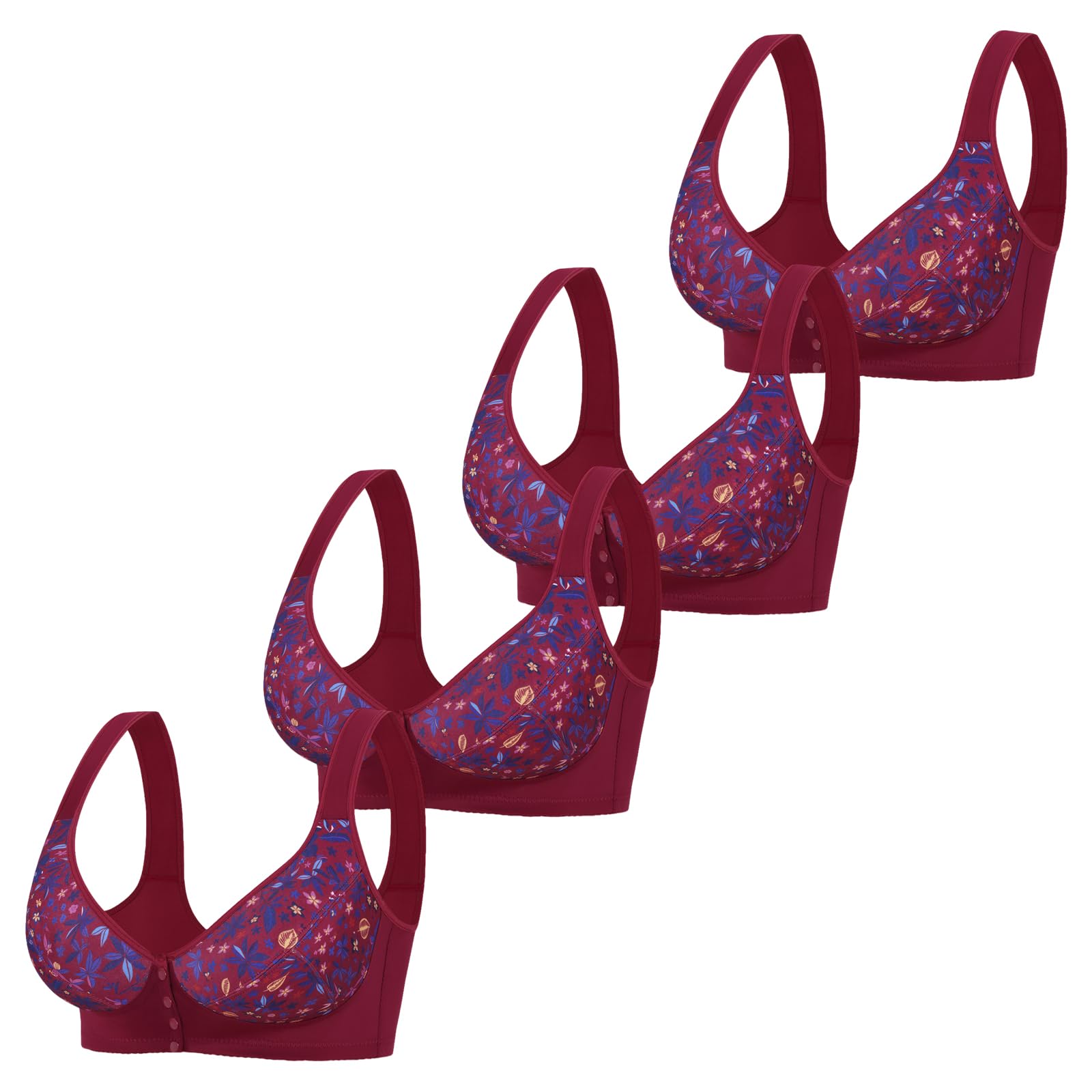 4er-Pack Damen BH Ohne Bügel Mit Vorderverschluss Bequemer Soft BH Breite Träger Blumenmuster Frontverschluss Komfort Stütz BH Für Große Brüste Alltag Yoga
