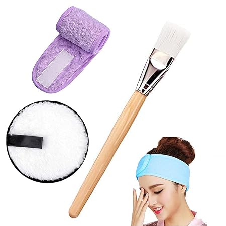 NYAMAH SALES Wooden Face Pack Applicator and Makeup Cleaning Sponge Non-Slip Spa Headband Combo Facial Mask Brush Set for Men's and Women's - Multi (Brush, Belt and Sponge)