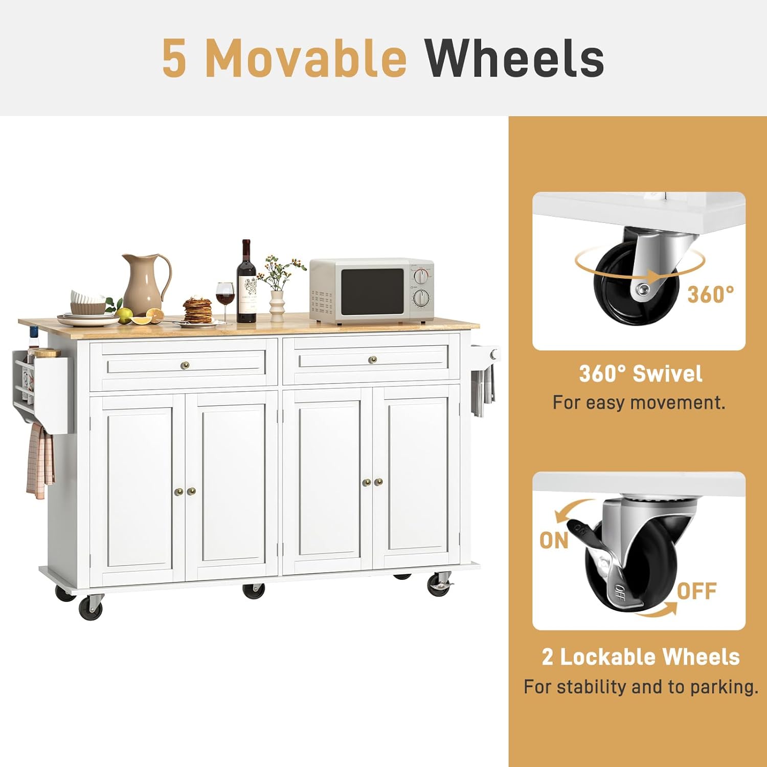 Hlivelood 63" Movable Kitchen Island with Drop Leaf and Power Outlet, Rolling Island Cart w/Storage Cabinet, Island Table on Wheels for Kitchen w/2 Drawers, Spice Rack, Towel Bar, Garage Hook, White
