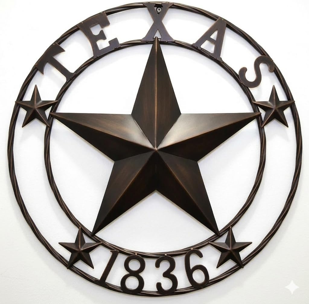 30"TEXAS 1836 Barn Star Metal Wall Sign Art, Twisted Rope Ring Western Home Décor,Patriotic