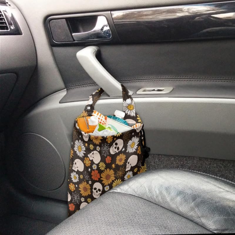 Image of Hippie Flower Car Trash Bags, Halloween Skull Foldable Garbage Bag for Auto Back Seat, Colorful Groovy Daisy for Home, Traveling & Outdoor