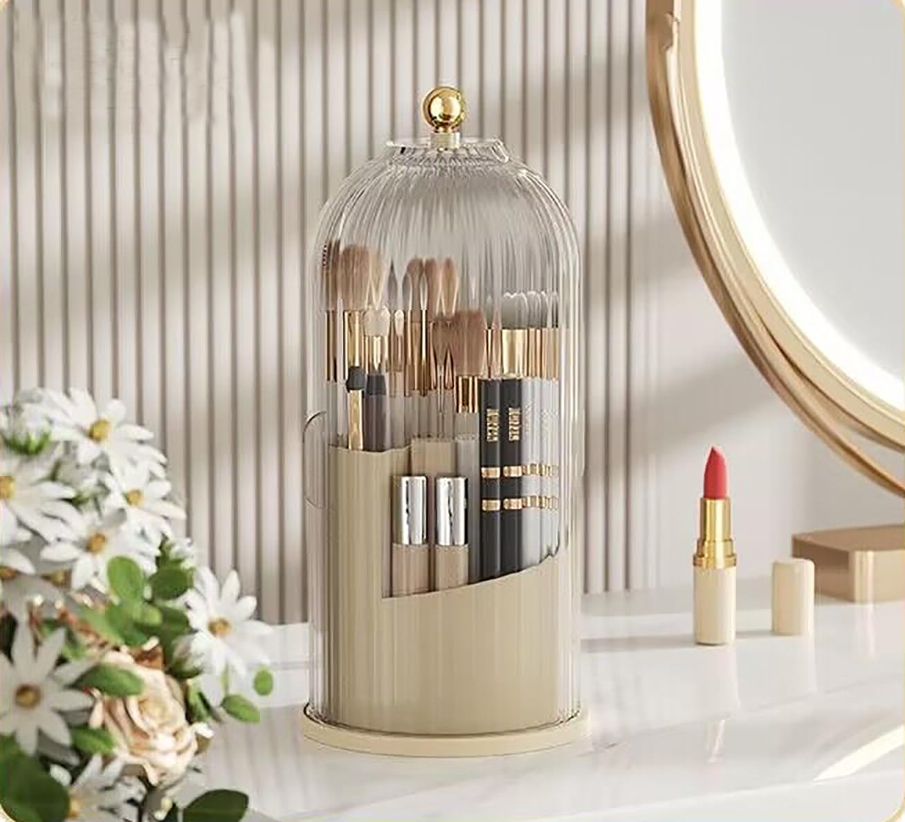 Yuzita Transparent/Colorless Makeup Brush Holder Organizer With Lid, Rotating Dustproof Make Up Brushes Container, Makeup Brushes Organizer, For Vanity Desktop Bathroom Countertop