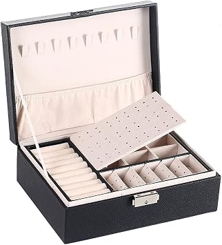Jewelry Box Leather Jewelry Finishing Box Double-Layer Large-Capacity Jewelry Storage Box with Lock Portable Organizer Box Color Black