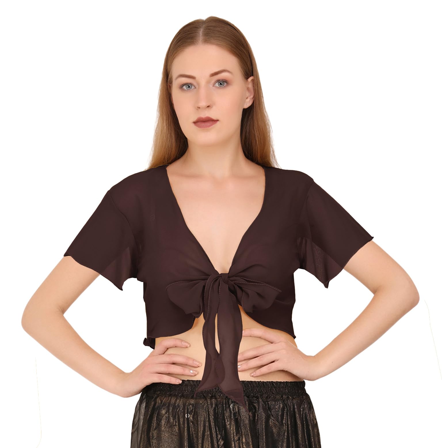 Indian Trendy Women's Chiffon Short Sleeve Tie Top Choli Blouse Belly Dance Gypsy Tie Front Cardigan Tops