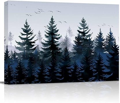 Forest Wall Art for Living Room,Canvas Picture Wall Decor for Bathroom Bedroom,Dark Blue Fall Bird Vintage Farmhouse Tree Painting Artwork for Office Kitchen Hallway Dining Room Home Decor 12"x16"