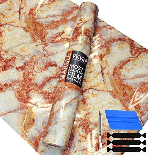 VViViD Self-Adhesive Marble Vinyl 48 Inch x 50 Foot Full Kitchen Wrap Bulk Roll Including Free Toolkit (Gloss Fiery Quartz)