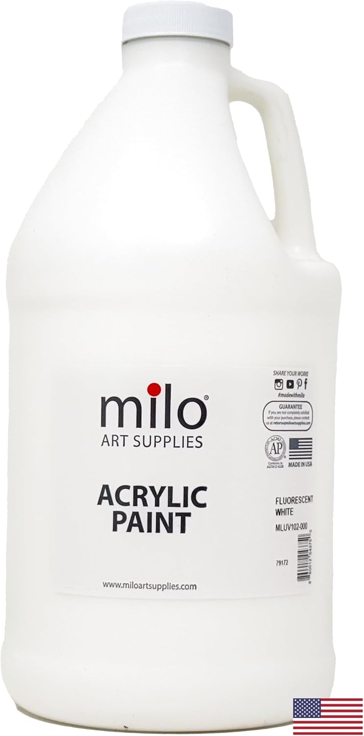 milo Fluorescent White Neon Acrylic Paint | 64 oz Bottle Half Gallon | Glows UV in Black Light | Non-Toxic Made in USA | Bulk Art Paint for Party, Student, Classroom, Artist | Paint in the Dark