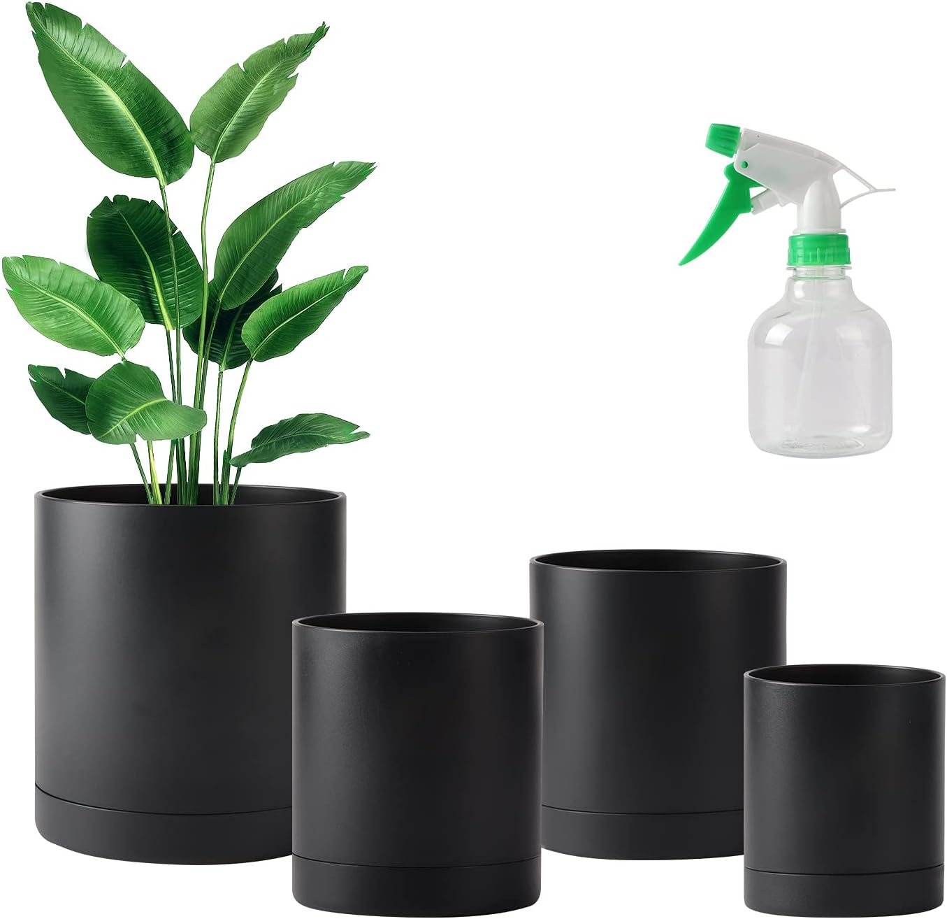 PETAFLOPBlack Plastic Plant Pots, 4 Pack 4/5/6/7 Inch Small Garden Planters with Drainage Hole & Saucers for Indoor Outdoor Plants