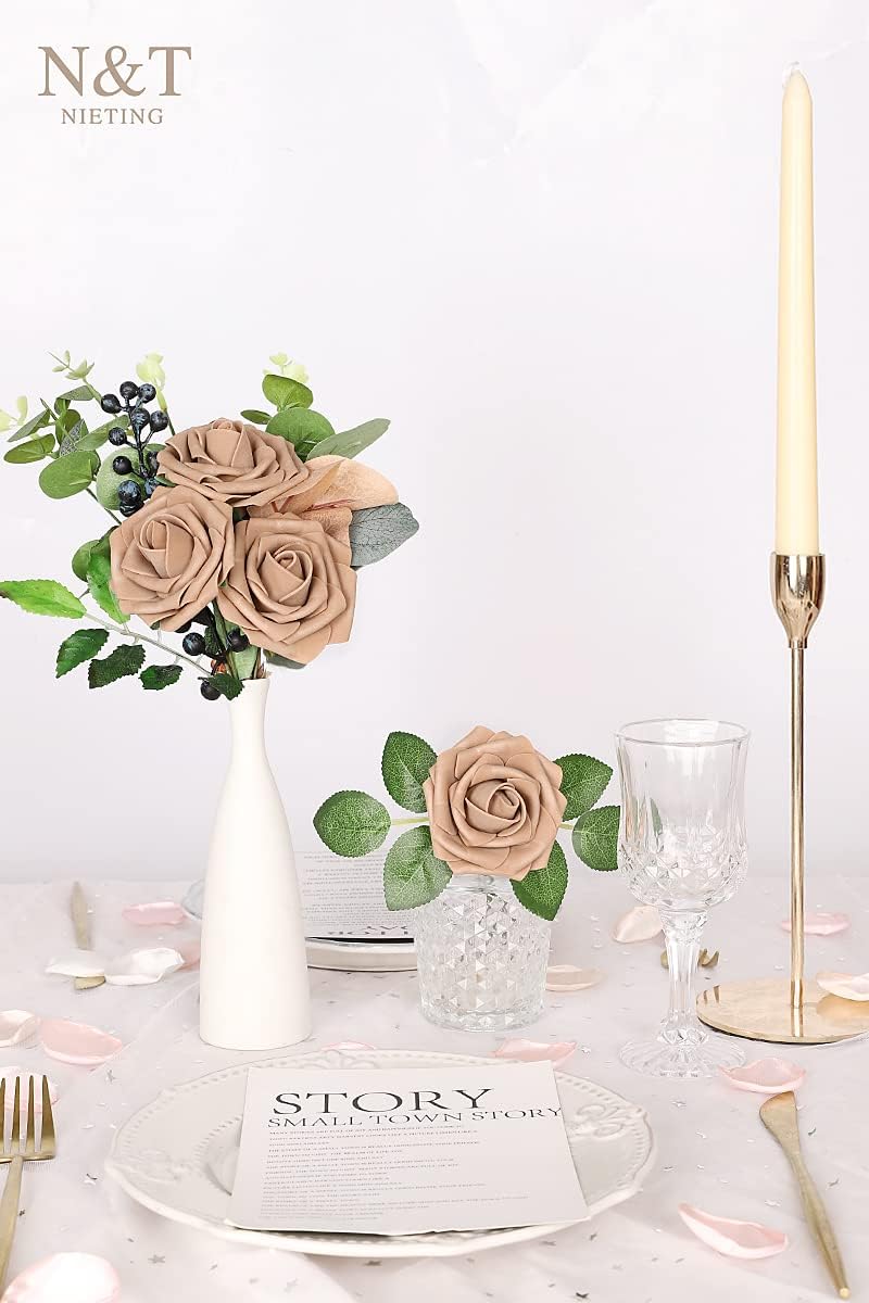 N&T NIETING Artificial Flowers Light Brown Roses, 50 Pcs Faux Flowers Fake Flowers Perfect for DIY Wedding Bouquets Centerpieces Birthday Party Home Flower Arrangement Decorations Fall Flowers - Image 5
