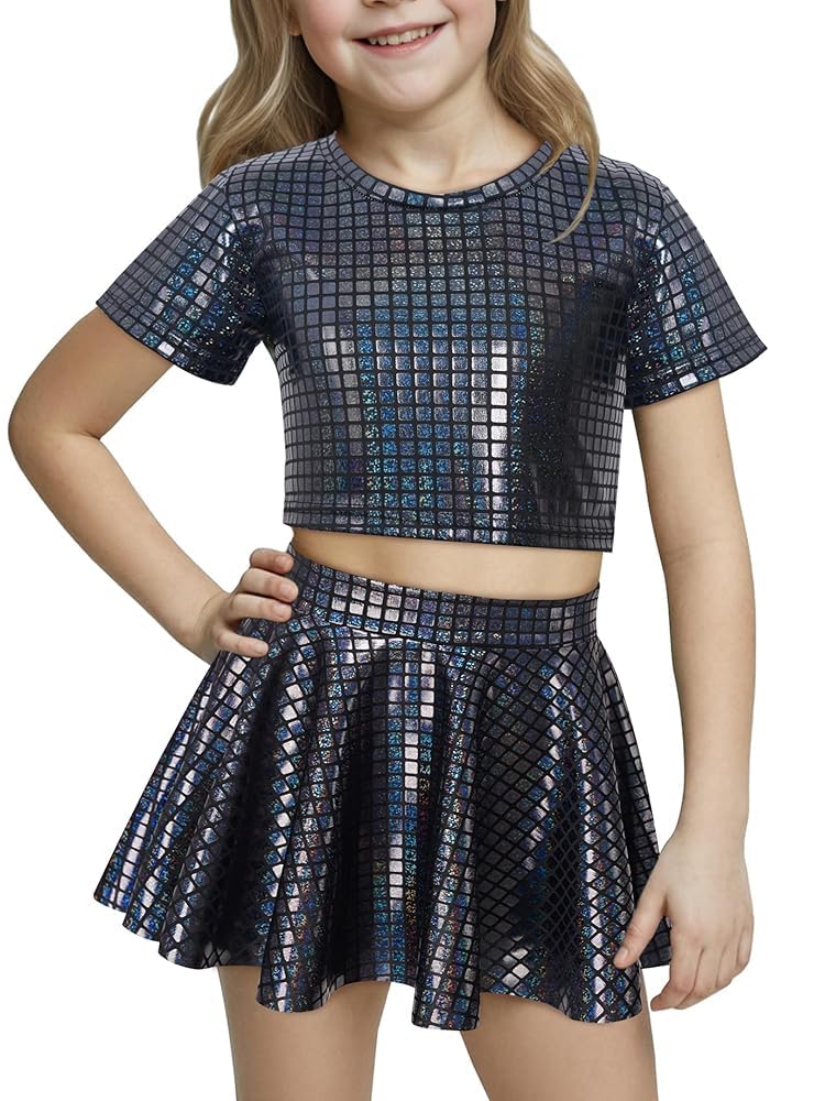 Happy Cherry Kid Girl Shiny Skirt and Top Set 2 Pcs Short Sleeve Metallic Disco Crop Top &amp; Pleated Mini Skirt Set