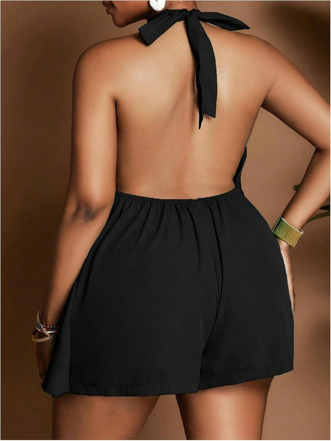 SweatyRocks Women's Plus Size Backless Halter Neck Wide Leg Romper Summer Ruffle Short Jumpsuit - Image 3