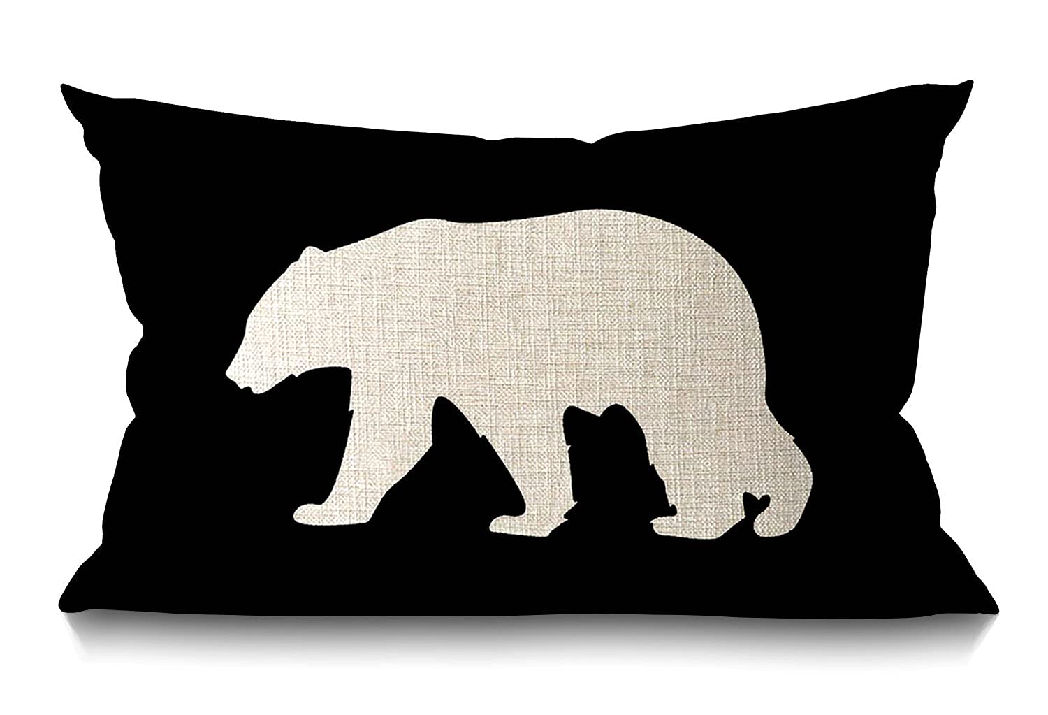 Bear Print Throw Pillow Case - Black Background, Cotton Linen, Rectangle 12 X 20 Inches, Zipper Closure