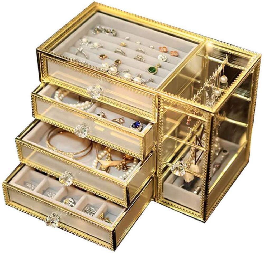 Glass Jewelry Box, Mirrored, Vintage Design, Metal Rim, Jewelry Organizer for Necklaces, Earrings, Rings, Jewelry Stand - Organizer for Dresser