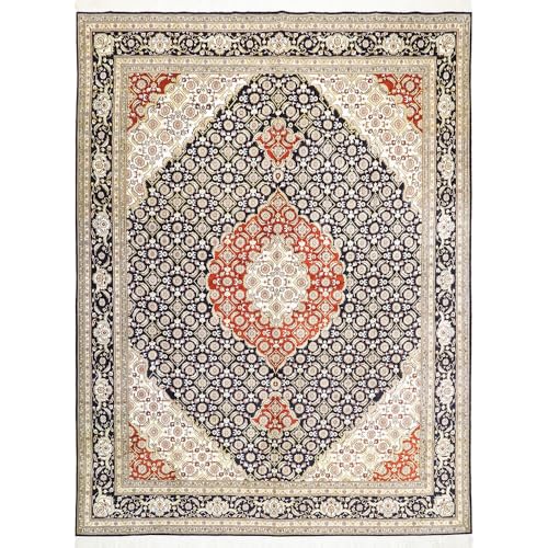 Yilong Carpet 8x10ft Large Hand-Knotted Silk Area Rug Geometric Design