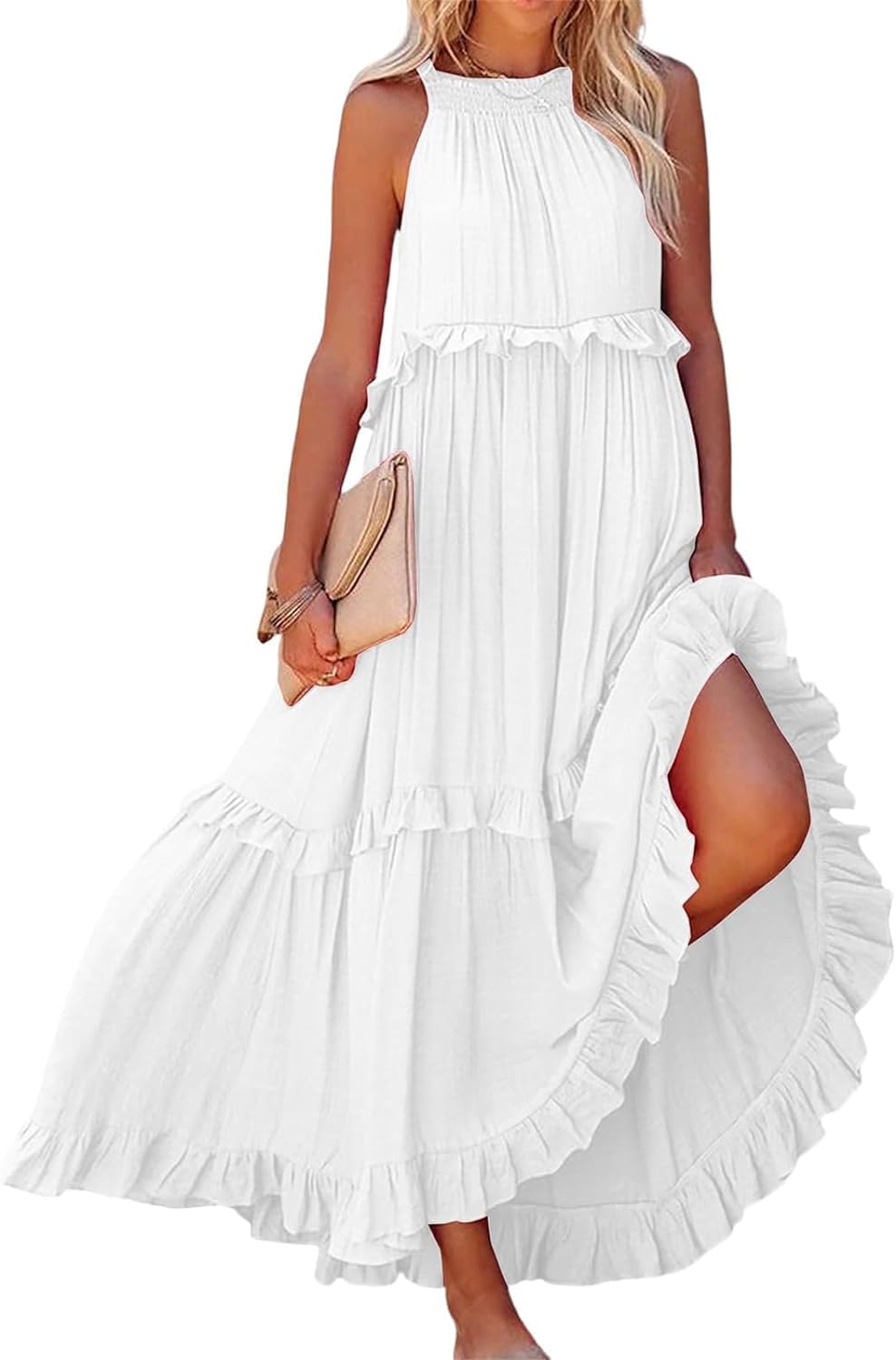 Thicc Women's White Flowy Ruffle Tiered Maxi Dress - Summer Boho Sleeveless Halter Tie Back Loose Fit Beach Long Swing Dresses Smocked Sundress For Cocktail Formal Wedding Guest (M,)